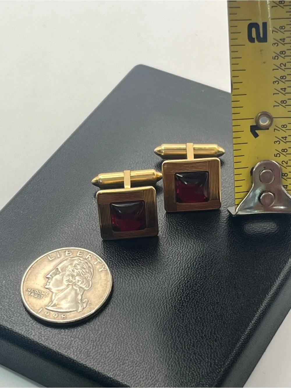 Krementz red lucite gold tone square textured vintage MCM cufflinks
